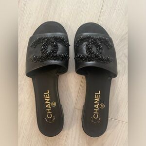 CHANEL Black Beaded Logo Slide Sandals